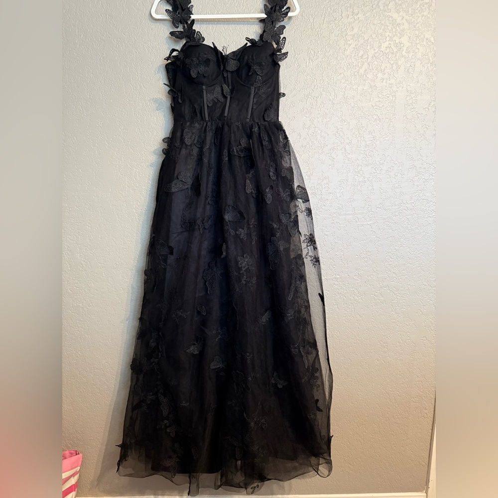 Black 3D Butterfly Tulle Maxi Dress Corset Bodice Romantic Goth Fairycore Size 8 - Picture 2 of 16